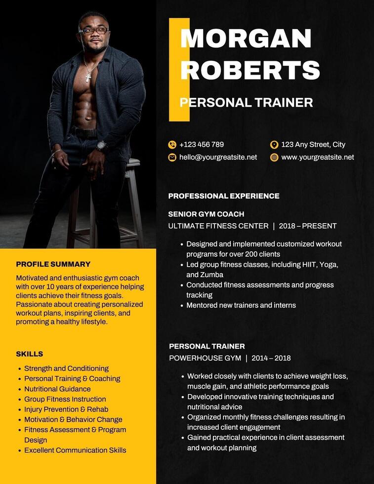 Black and Yellow Personal Trainer Resume template