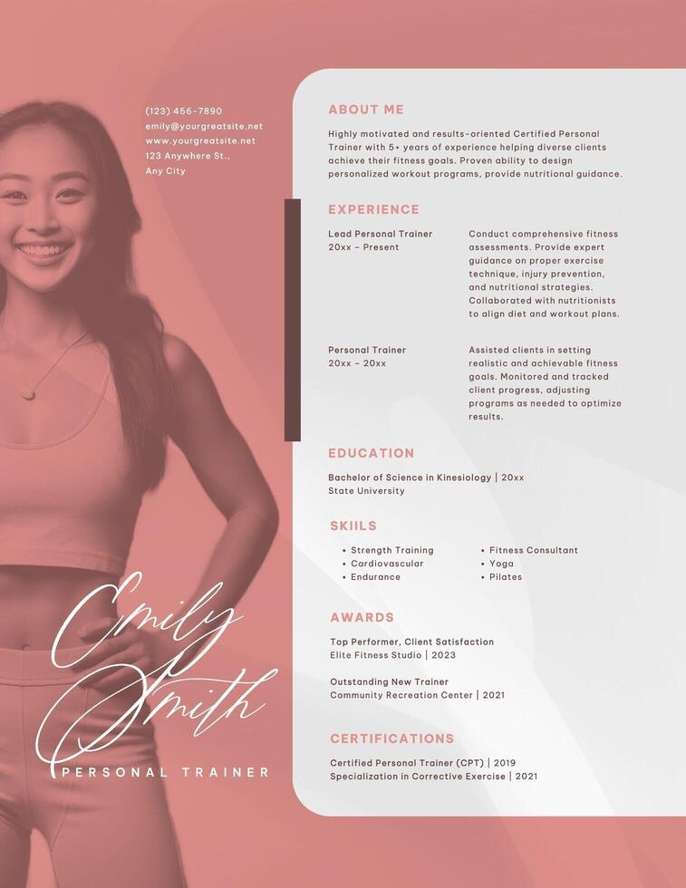 Minimalist Pink Personal Trainer Resume template