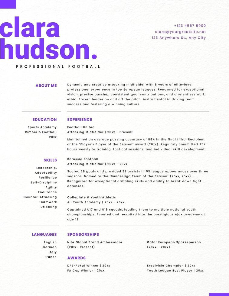 Purple Minimalist Professional Athlete Resume template