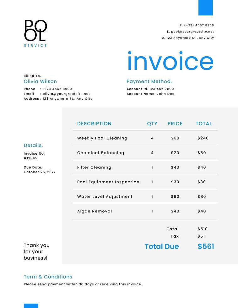 Minimalist Pool Cleaner Service Invoice template