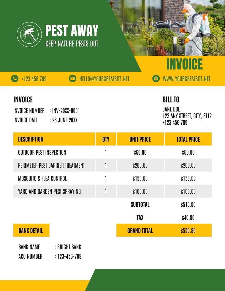 Green Yellow Pest Control Invoice template
