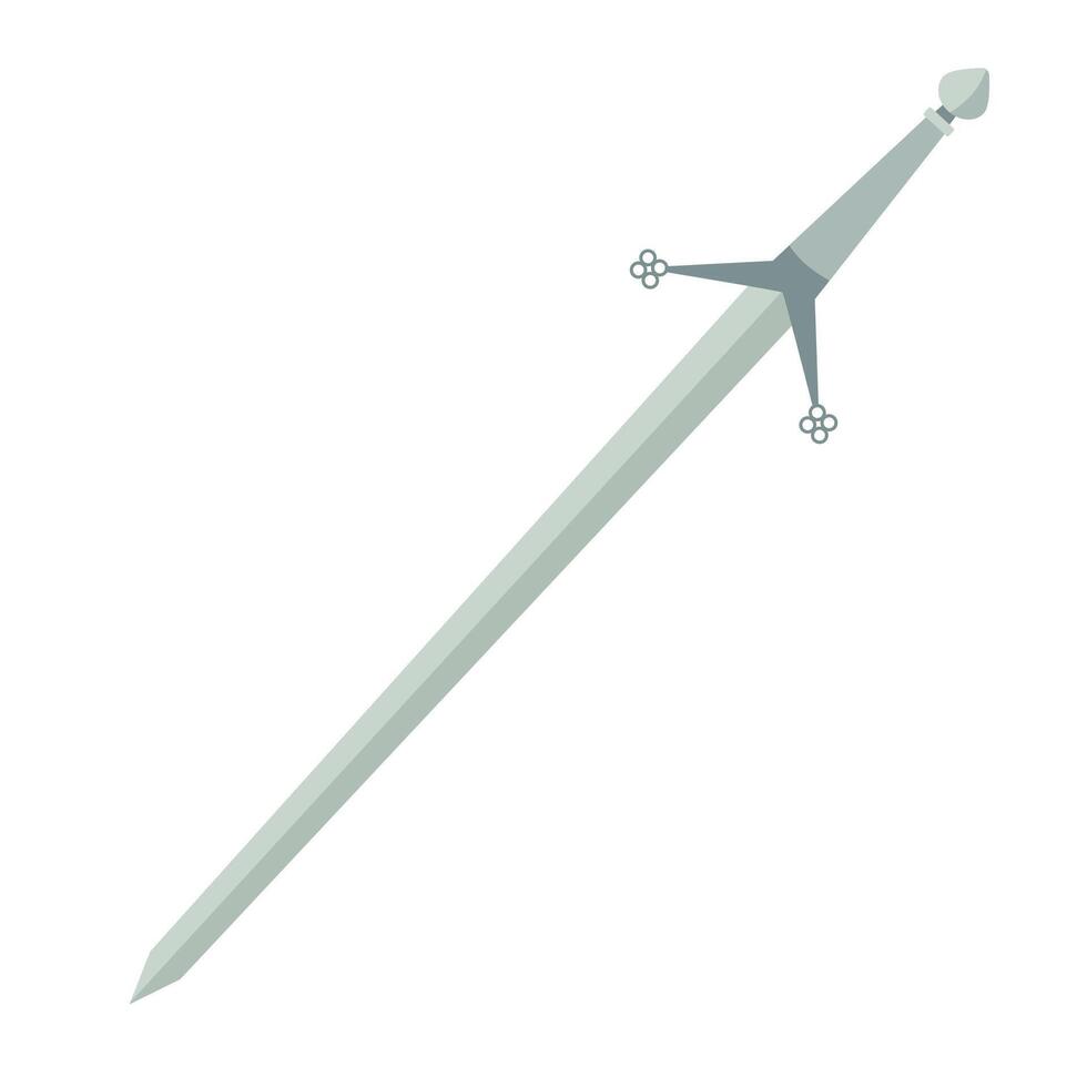 Medieval claymore sword. Double-edged knight weapon with a detailed hilt and long blade. Flat style hand drawn illustration vector