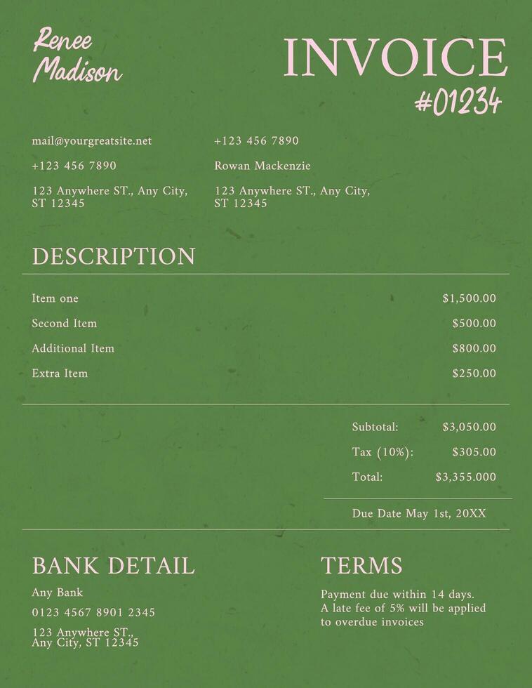 green and pink minimalist invoice template for business