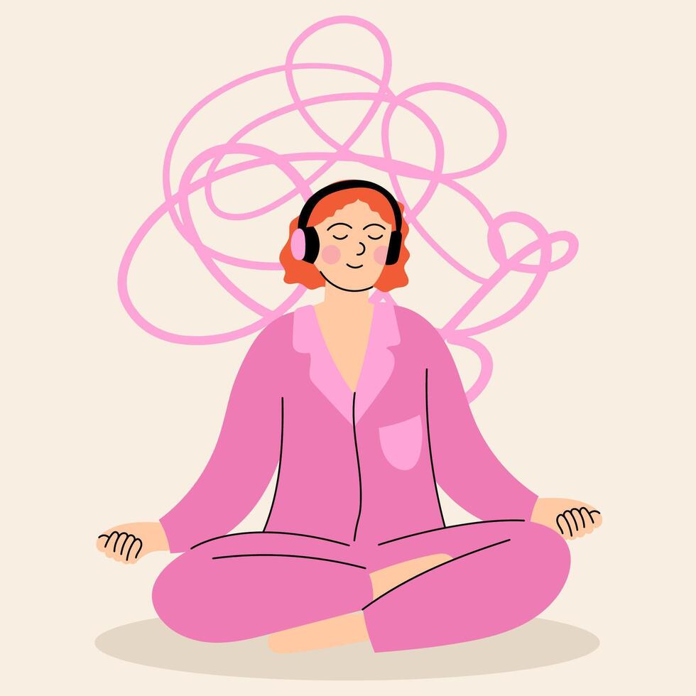 Woman in pink pajamas meditating with headphones on, listening to relaxing music. Calm and mindfulness concept. Flat style. vector