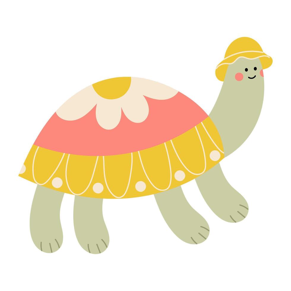 Adorable cartoon turtle wearing a sun hat with a cute flower on its shell. This sweet illustration features a smiling turtle in a summer style, perfect for childrens products, stickers, prints. vector