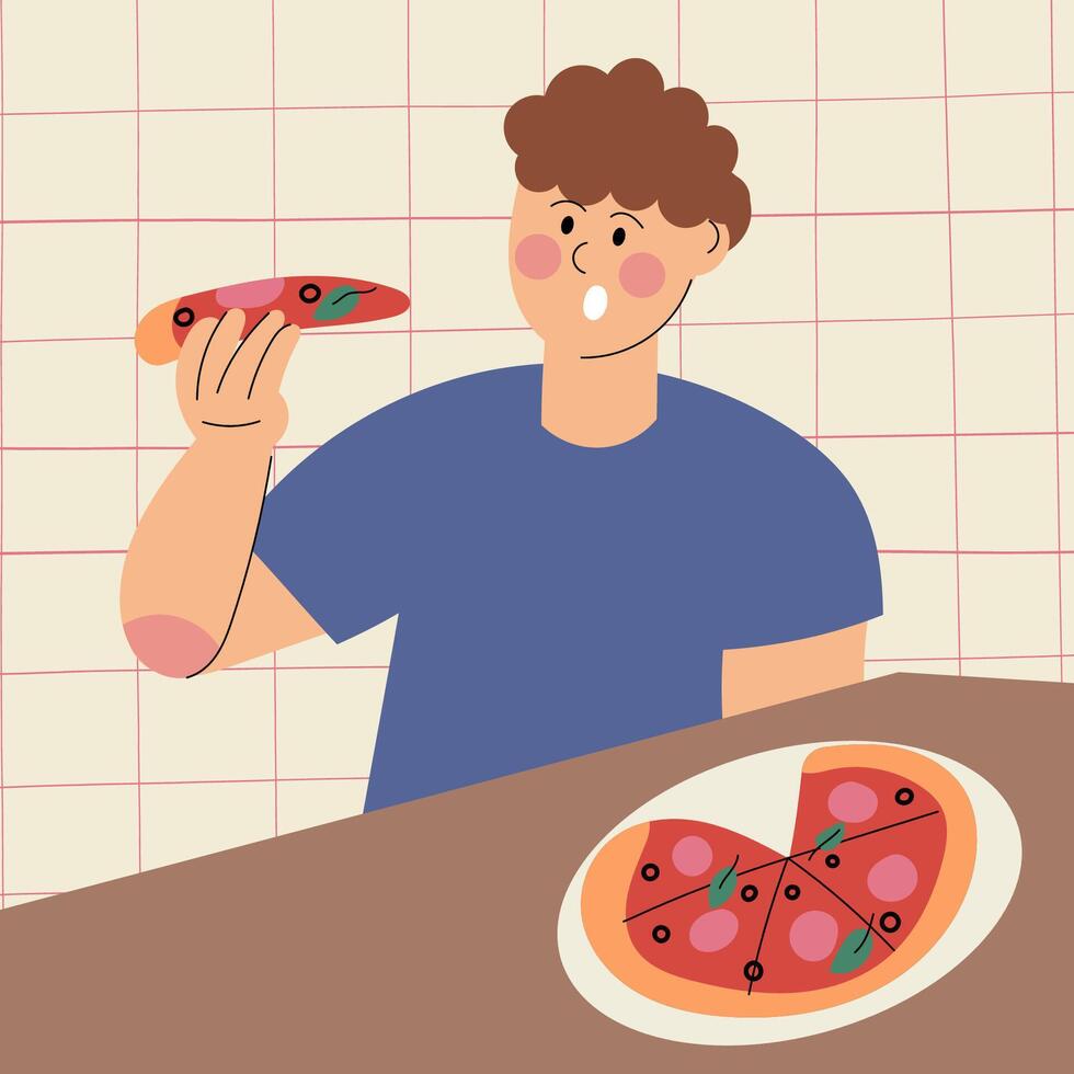 Person eating pizza slice vector