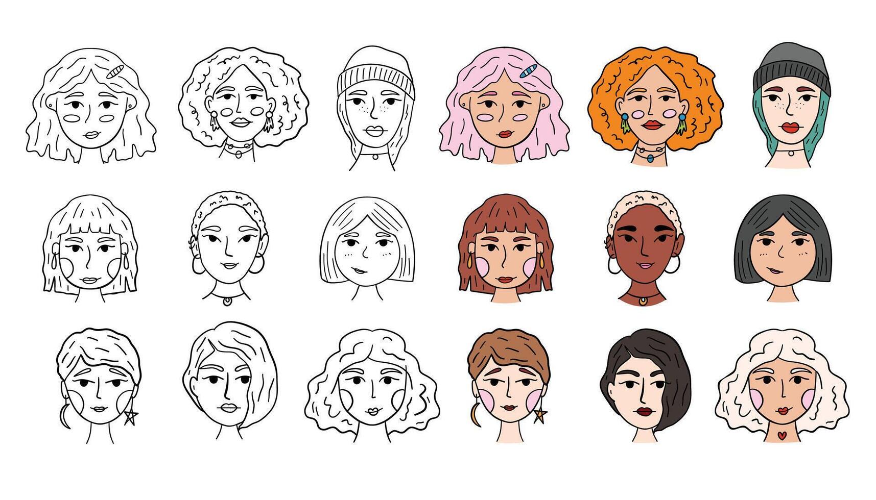 Types of female hairstyles cartoon,black,outline icons in set collection for design. set of avatars of different women with different hair styles. illustration. vector
