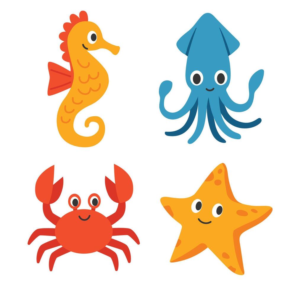 Set of cute cartoon octopus, seahorse, starfish, squid, crab. illustration vector