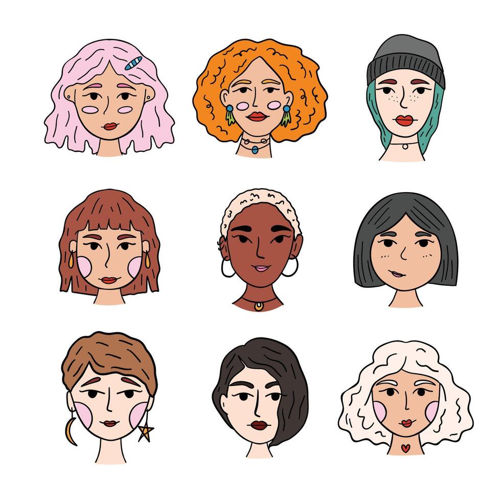 Types of female hairstyles cartoon,black,outline icons in set collection for design. set of avatars of different women vector