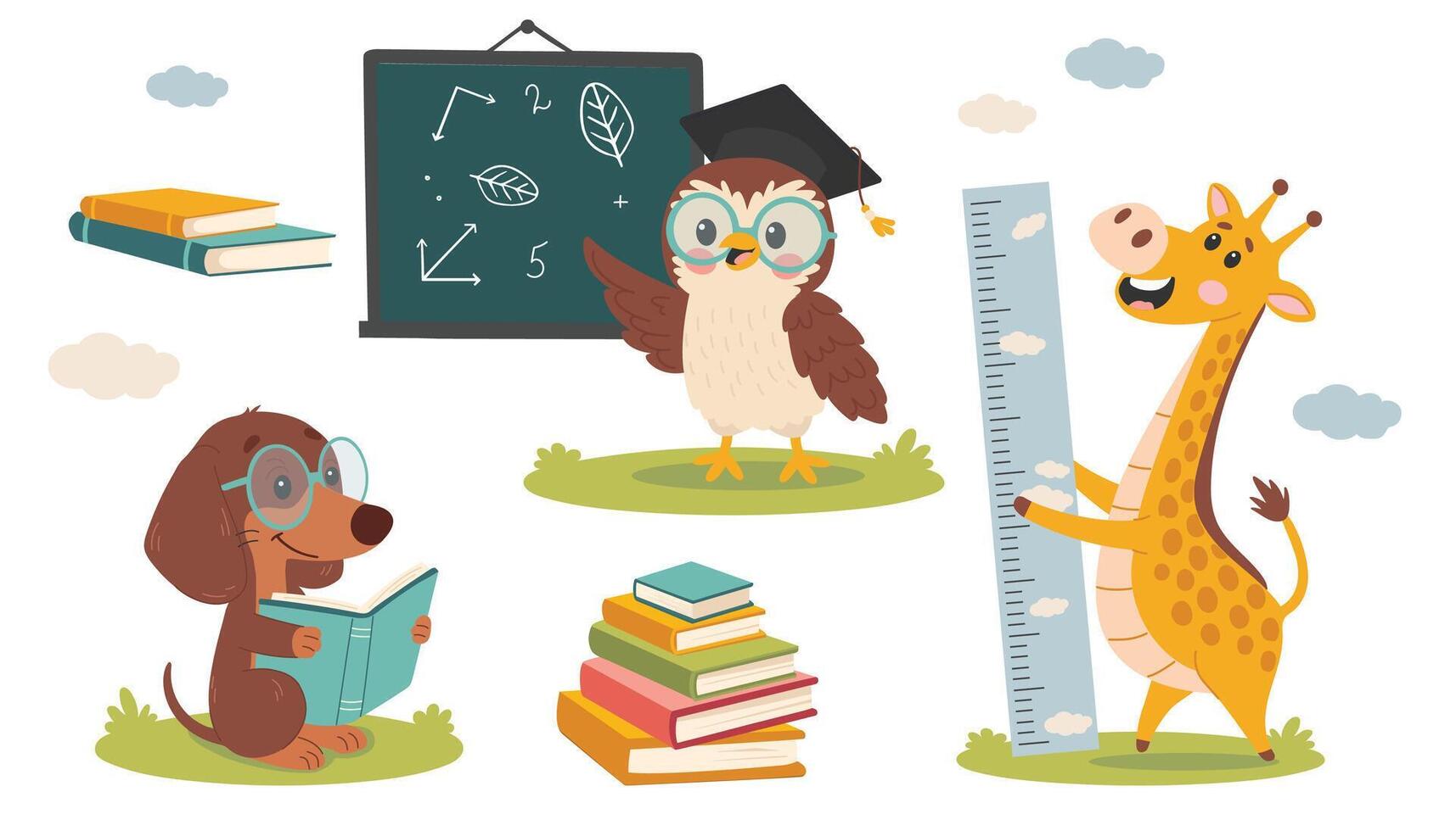 Cartoon animals learning with books vector
