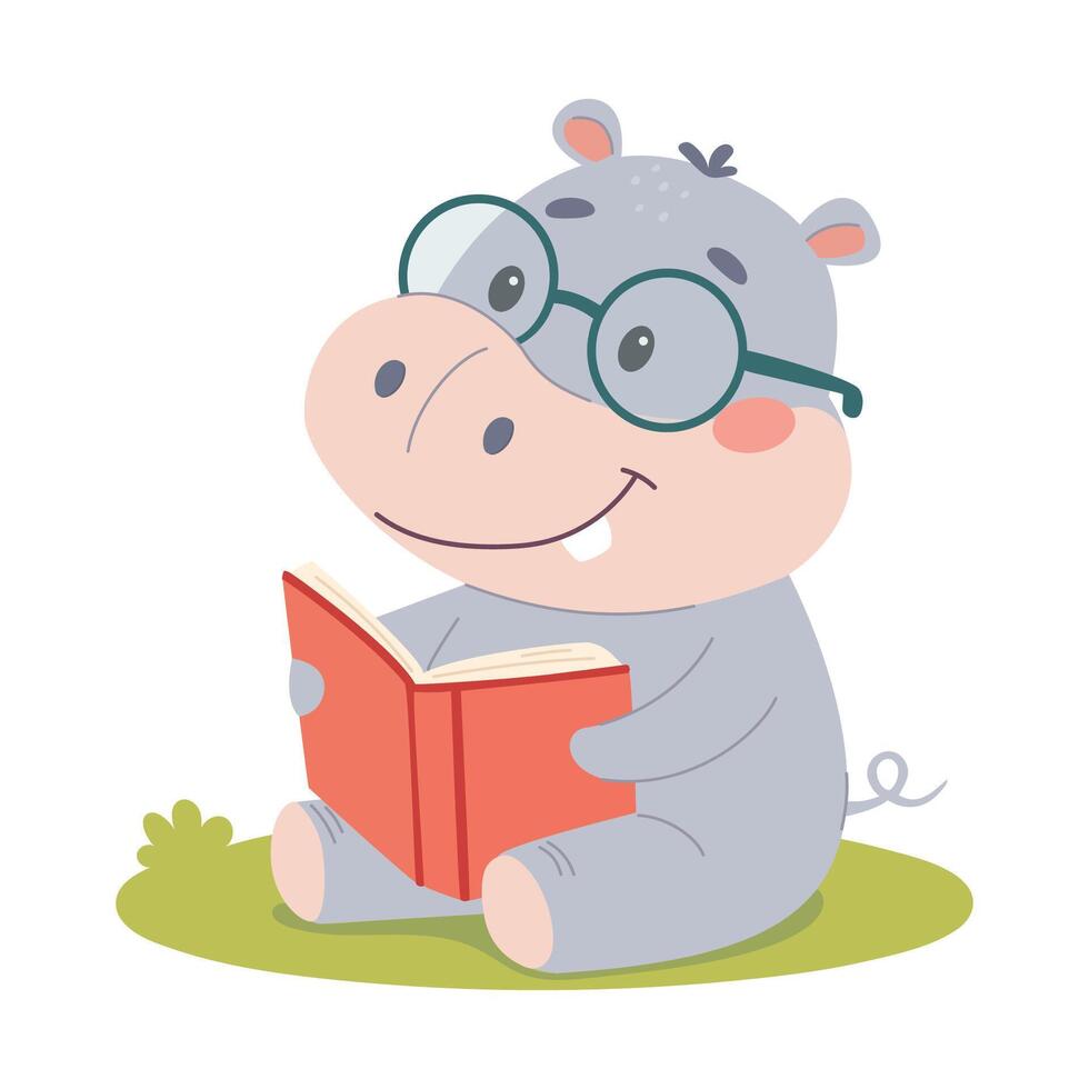 Cartoon hippo reading a book vector