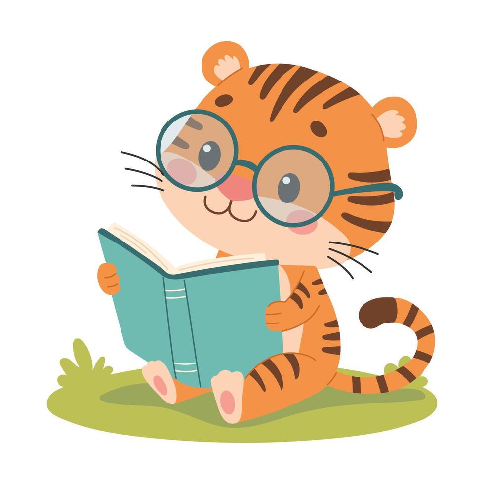 Tiger character reading a book vector