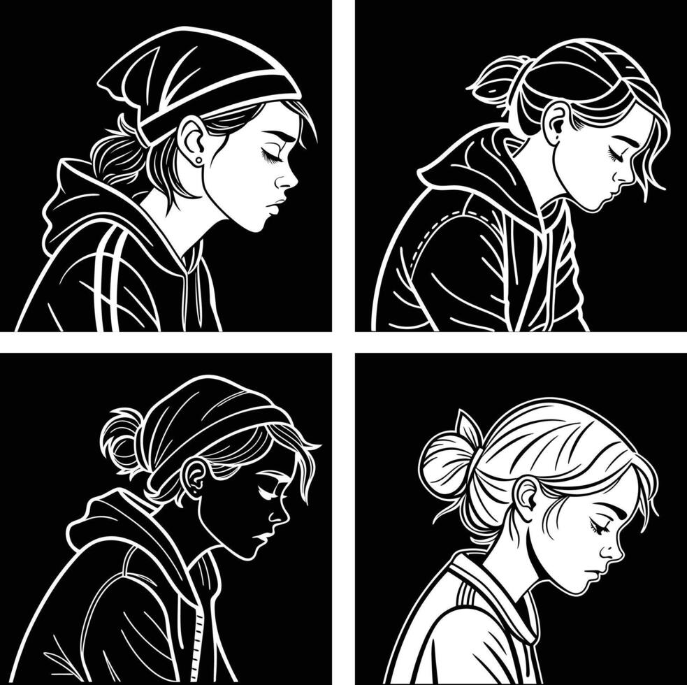 Monochrome portraits of a young woman in pensive poses vector