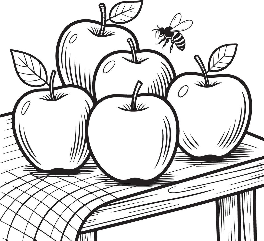 Apples and a Bee on a Table vector