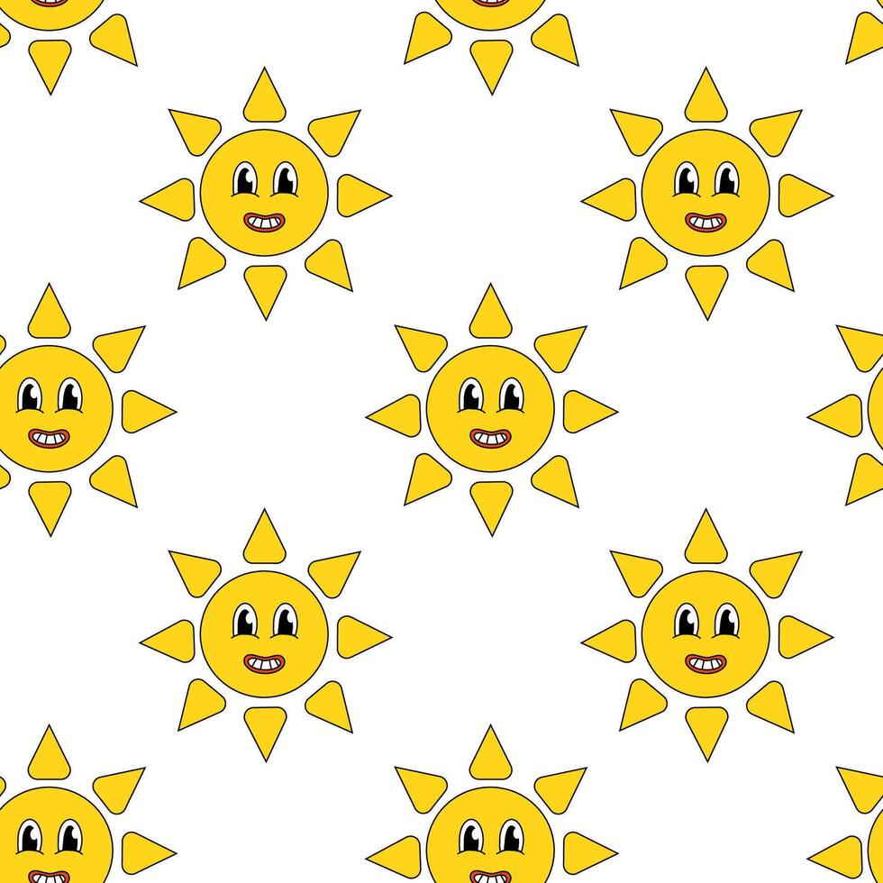 Seamless pattern with Smiling Face Sun. Groovy style. flat illustration. vector