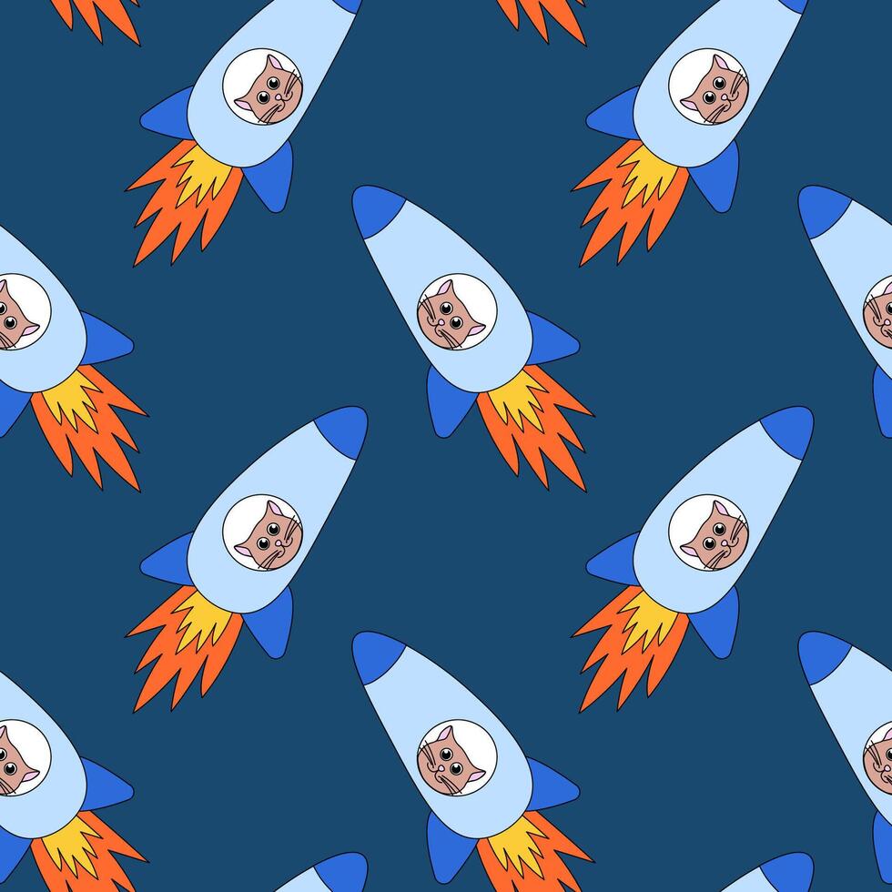 Seamless Pattern with Funny Cat in Rocket. Flat Illustration. vector