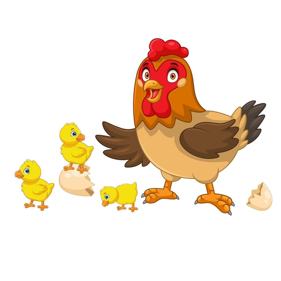 cartoon hen posing with her newborn chicks vector
