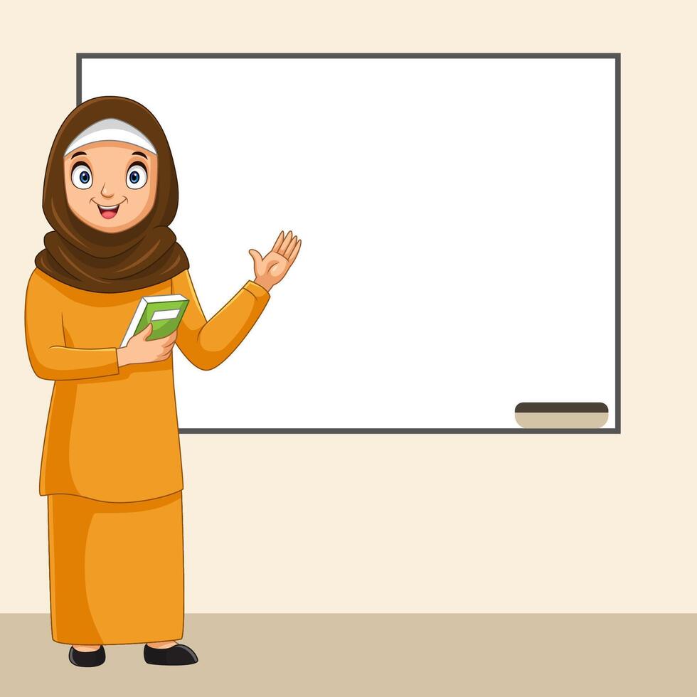 Cartoon of a Muslim female teacher wearing a hijab with a whiteboard vector