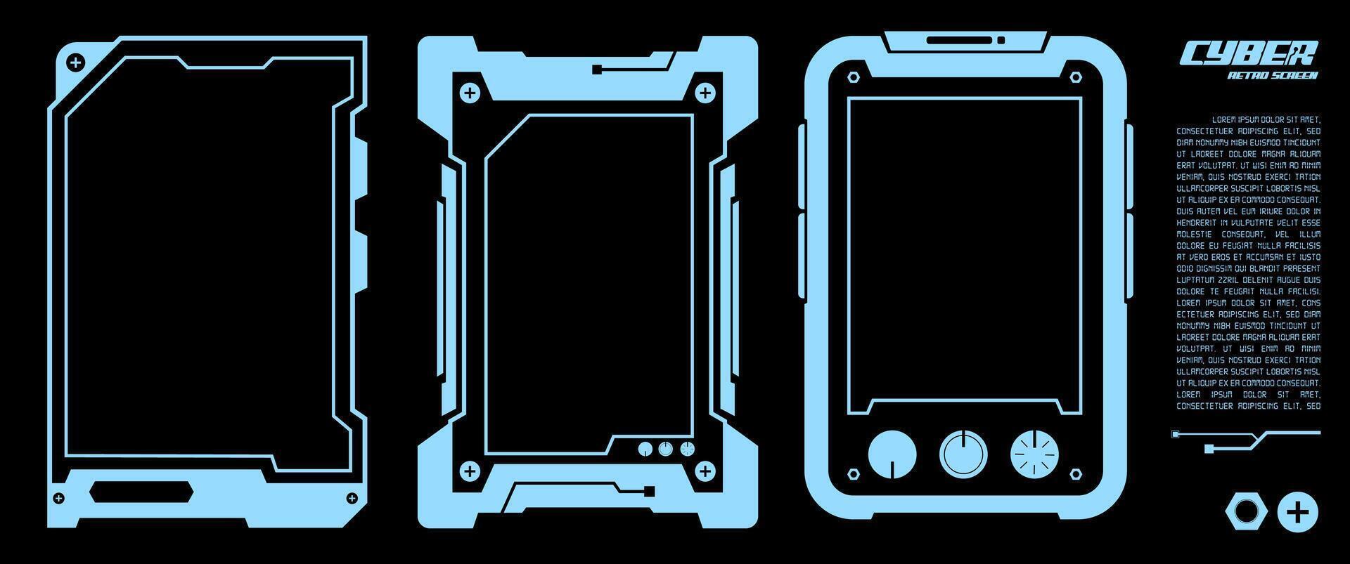 Blue Cyberpunk frame, Retro Hologram Screen Interface design in Futuristic style, outline, Si fi element, Digital Technology illustration. vector