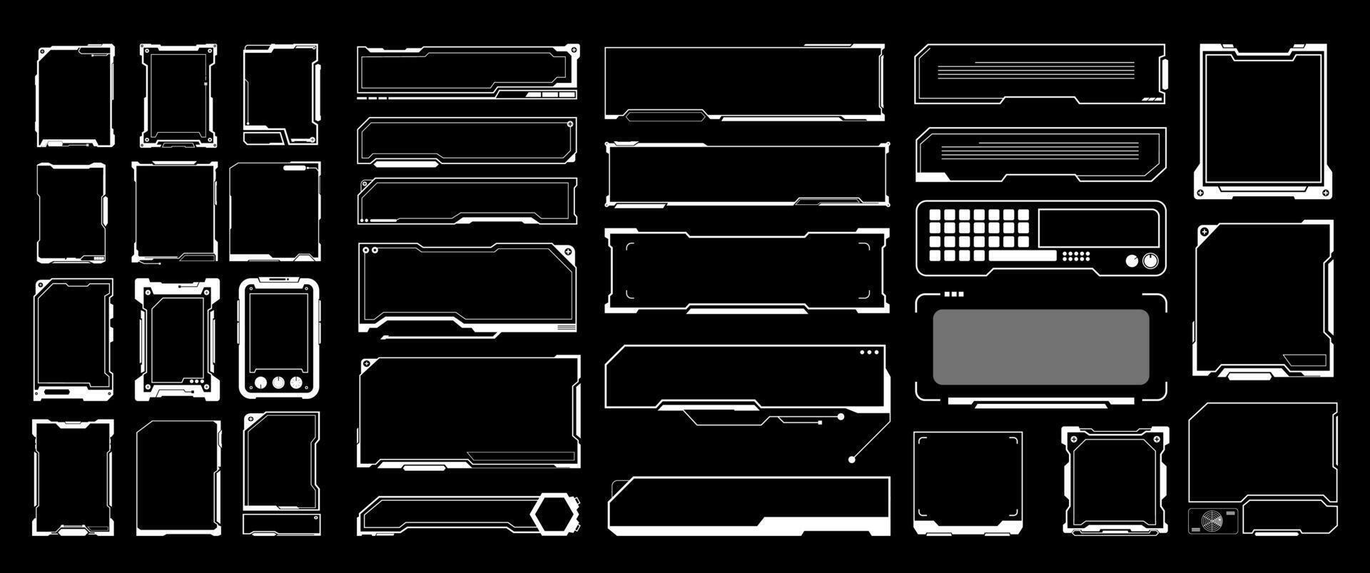 Isolated Futuristic frame illustration, Text boxs, Digital interfaces, and tech components. Cyberpunk themes graphic elements, game design, sci-fi, HUD and Hologram border vector