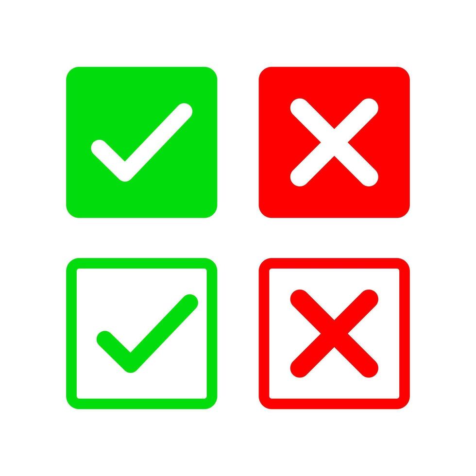 Isolated Check Mark and Cross Icon Set, Isolated Green Tick and Red X Symbol for UI, Approval, Error, and Notification Design, Editable vector