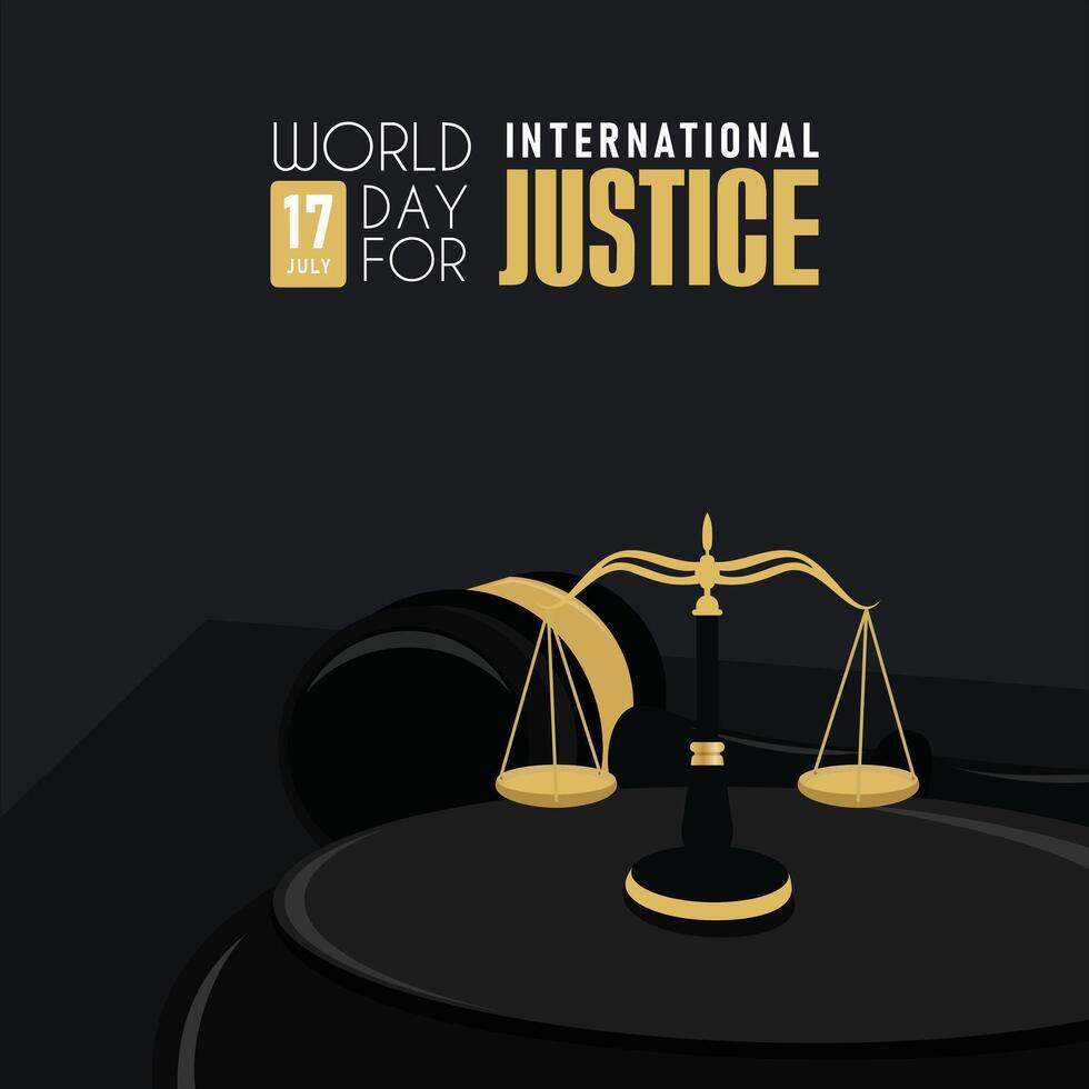Banner for World Day for International Justice with hammer judge and scales justice vector