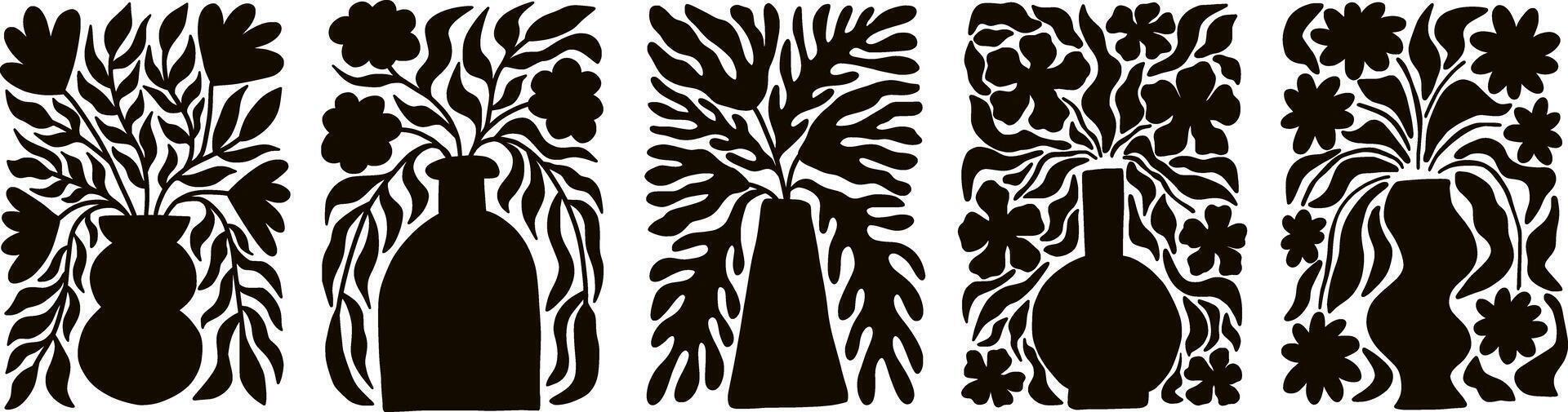 Set of groovy floral botanical black background in trendy naive retro hippie 60s 70s style. Vertical poster with silhouette abstract wavy flower in vase vector