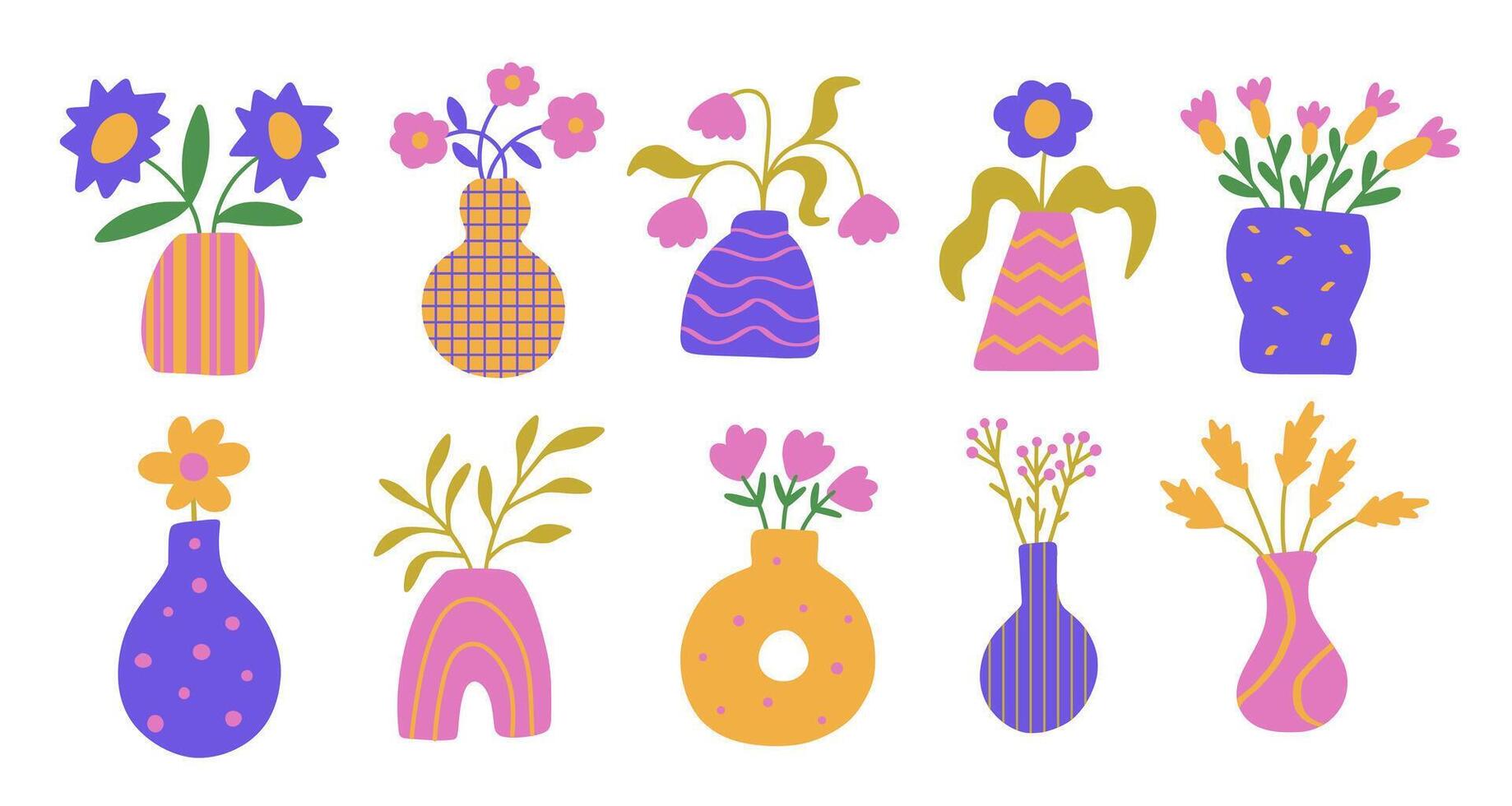 Colorful floral vases with various designs vector