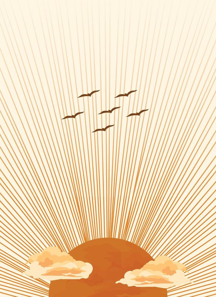 Retro Sunrise Sunset wall art poster decoration. Beautiful Sunburst patterns background art design vector
