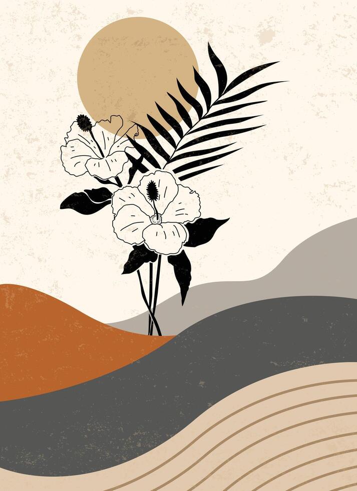 Boho Floral Landscape with Sun and Hibiscus. Abstract background flat design boho wall art set vector