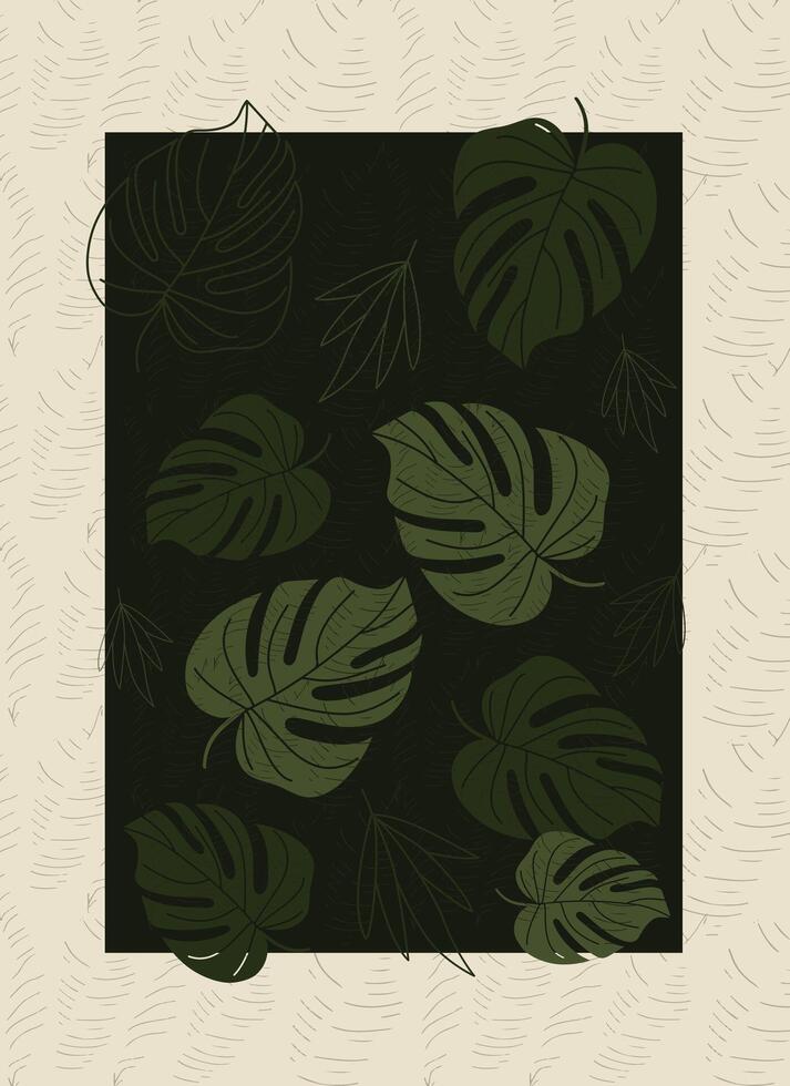 Tropical monstera leaves art for wall art poster decoration. Mid-century modern print design vector