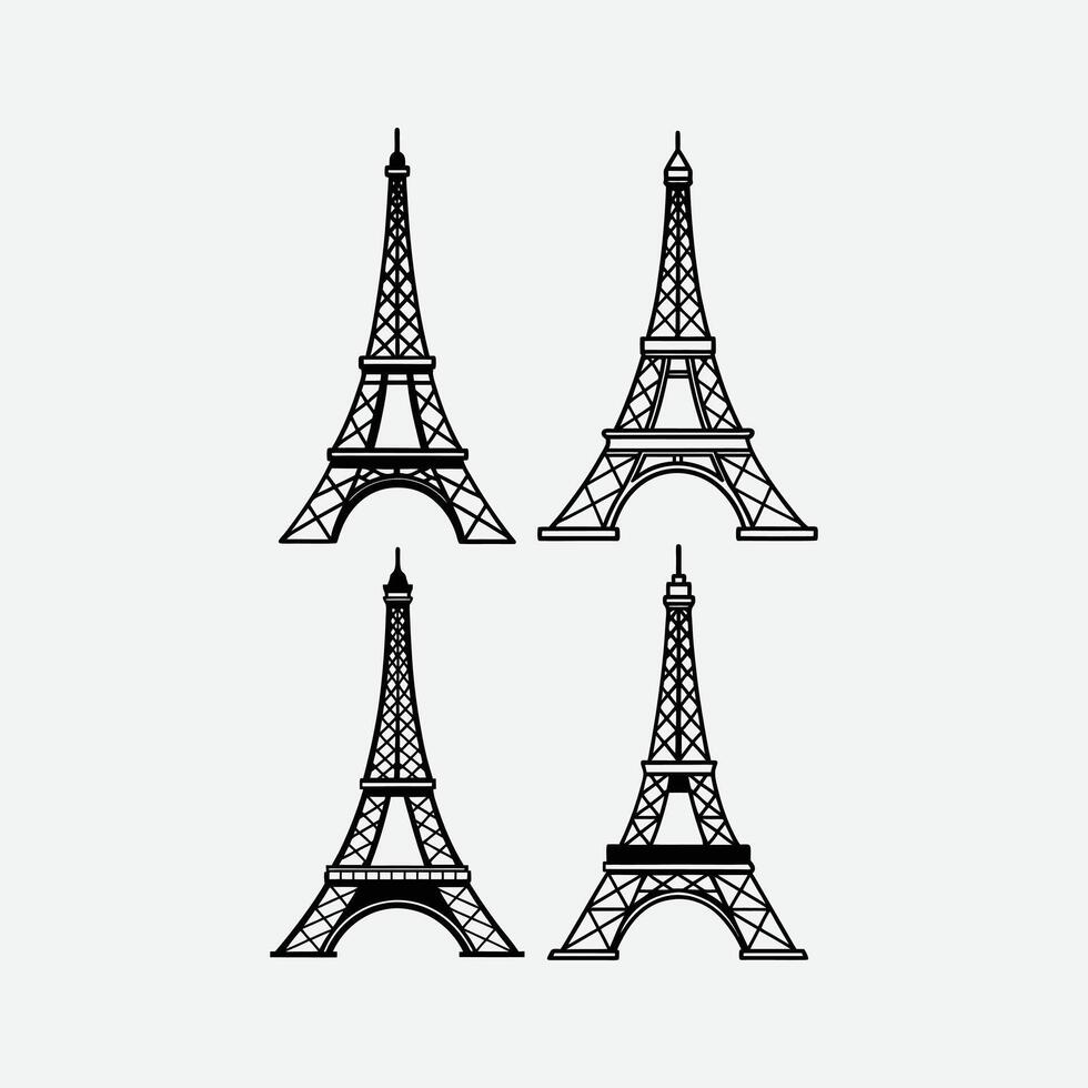 Four Simple Line Art Eiffel Tower Illustrations. vector