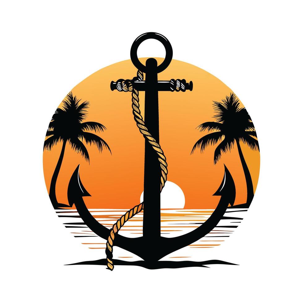 Bold nautical anchor illustration with sunset and tropical island background. vector