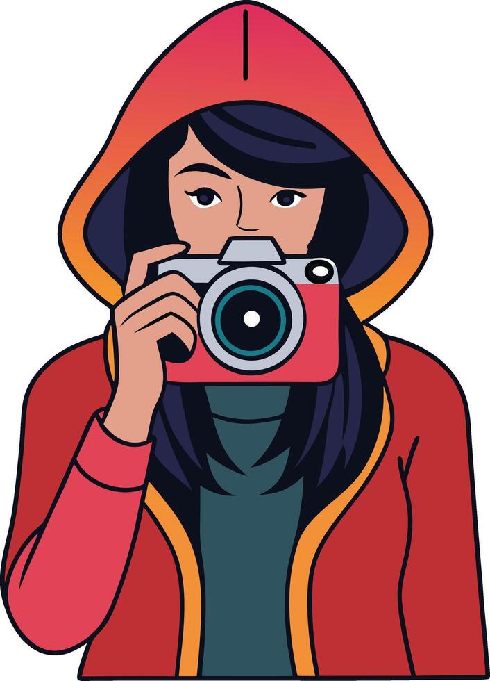 Girl taking photo with camera illustration in cartoon hoodie style. vector