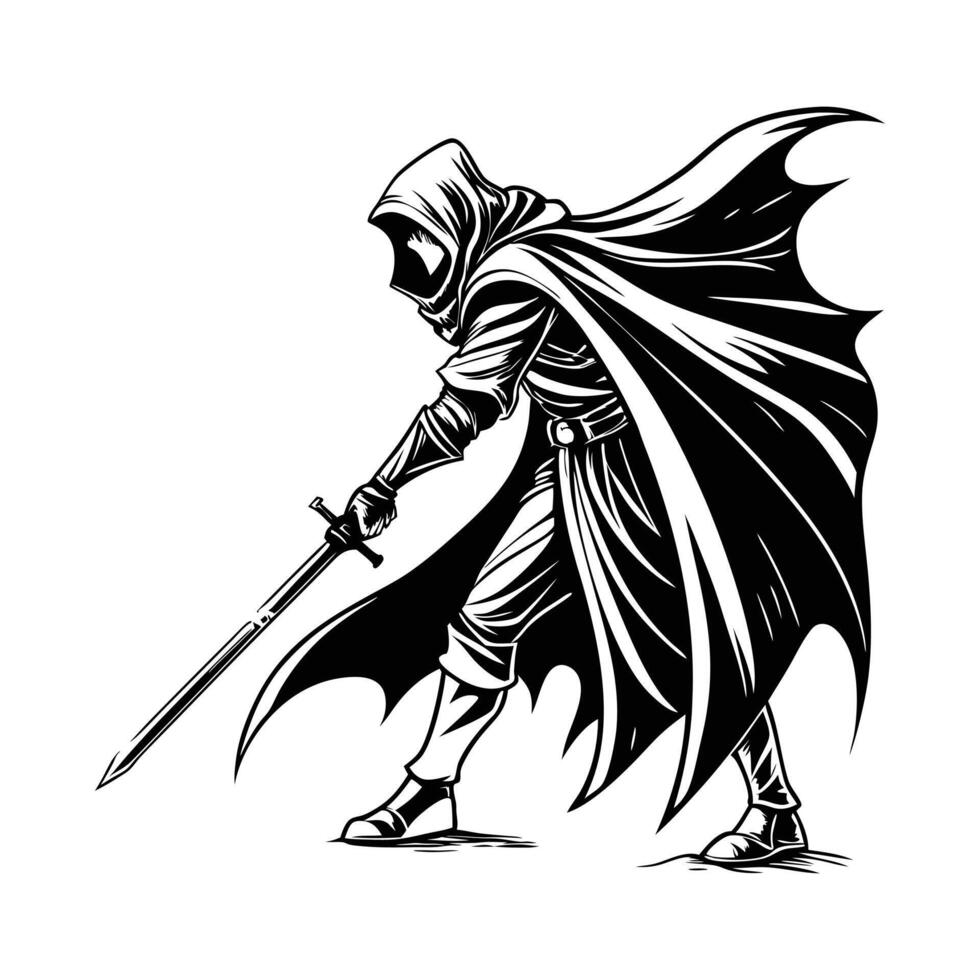 Mysterious masked warrior holding sharp sword fantasy character artwork. vector