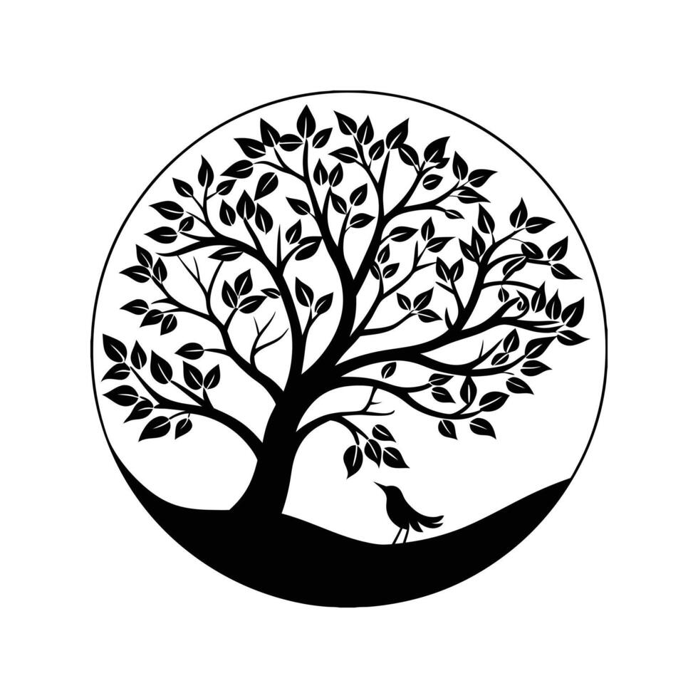 Minimalist tree silhouette with bird simple nature art design. vector