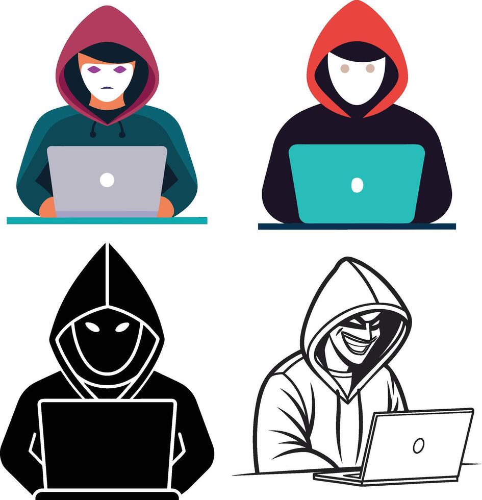 Four hacker illustrations with hoodies and laptops. vector