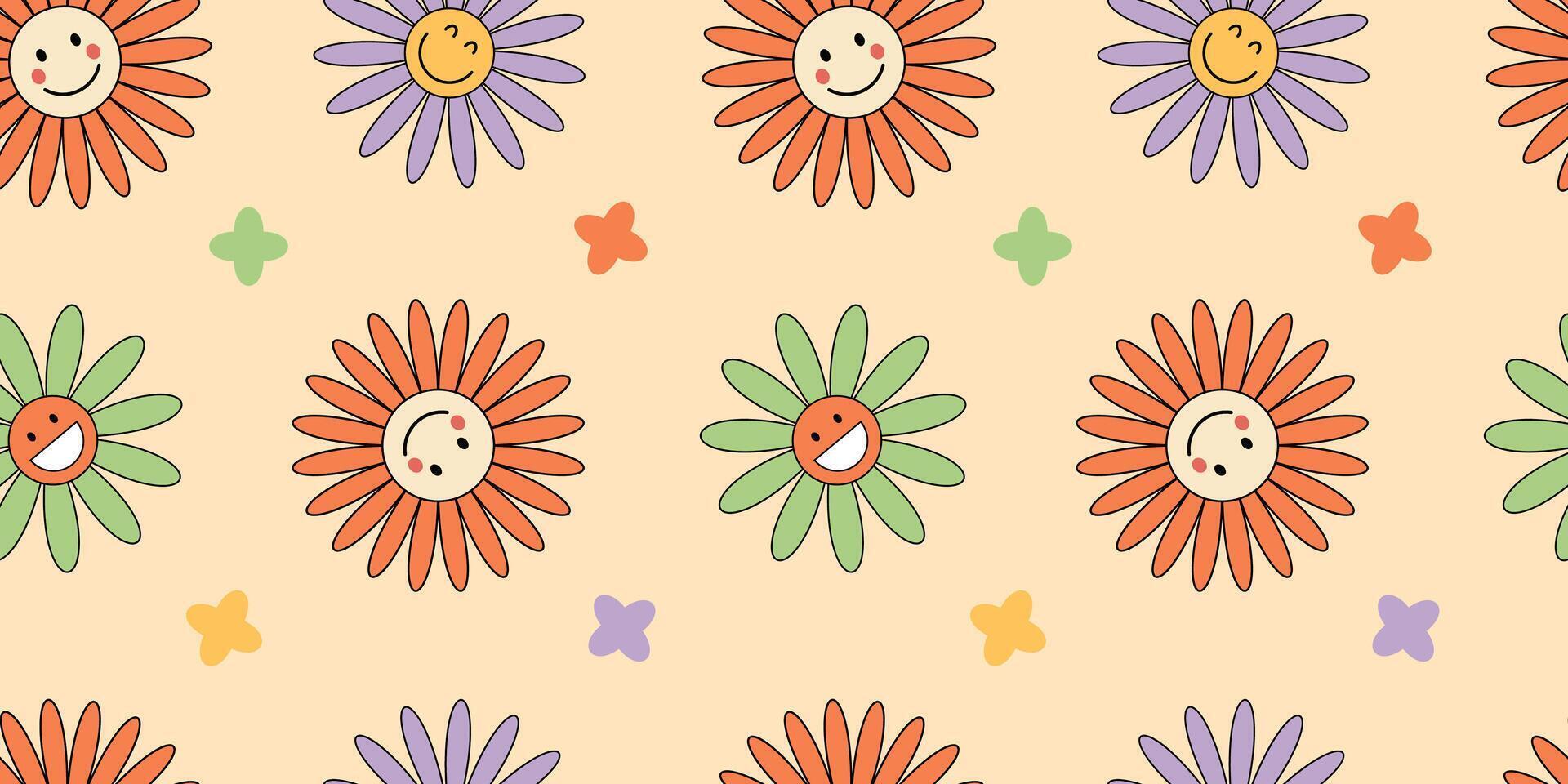 Seamless floral illustration with different smiley flower emotions. Happy cartoon faces in bright colors. Funky childlike pattern for textiles, cards, stationery, social media vector