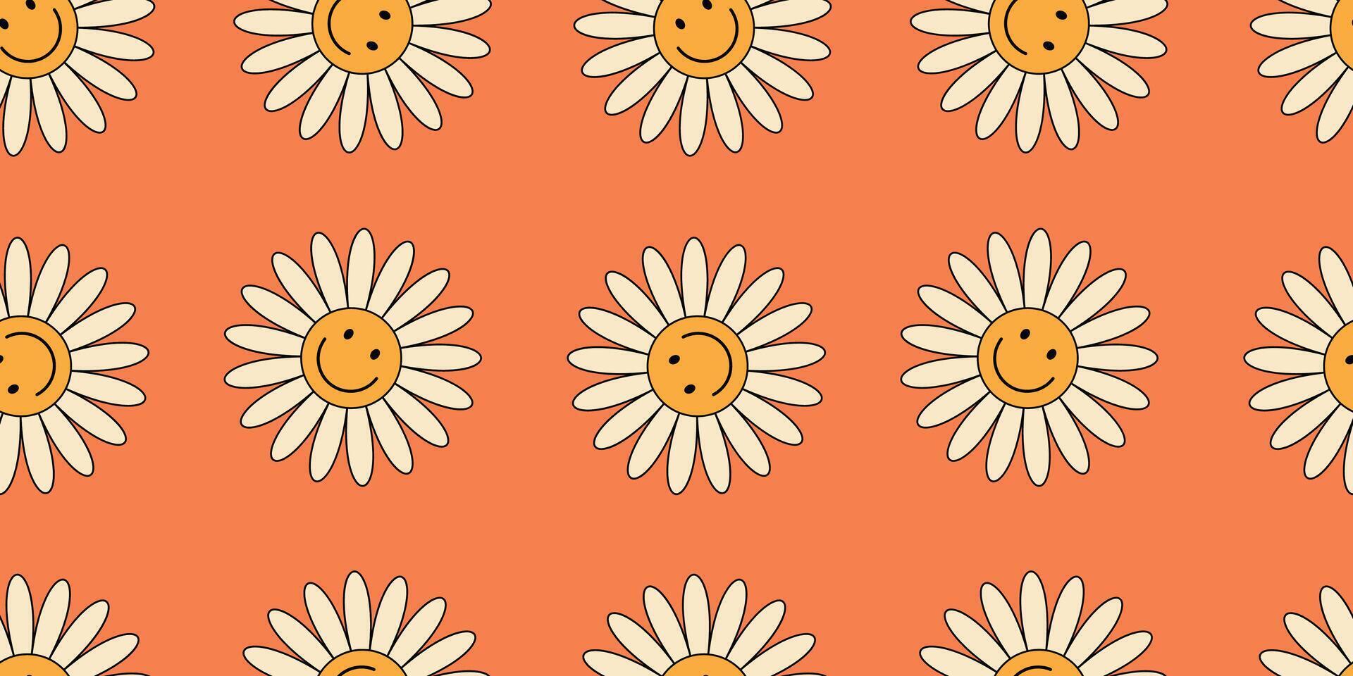 Seamless doodle floral design with smiley face characters. White daisies with smiles on orange background. Kids-themed and fun retro mood for creative use prints, packaging, social media, stationery vector