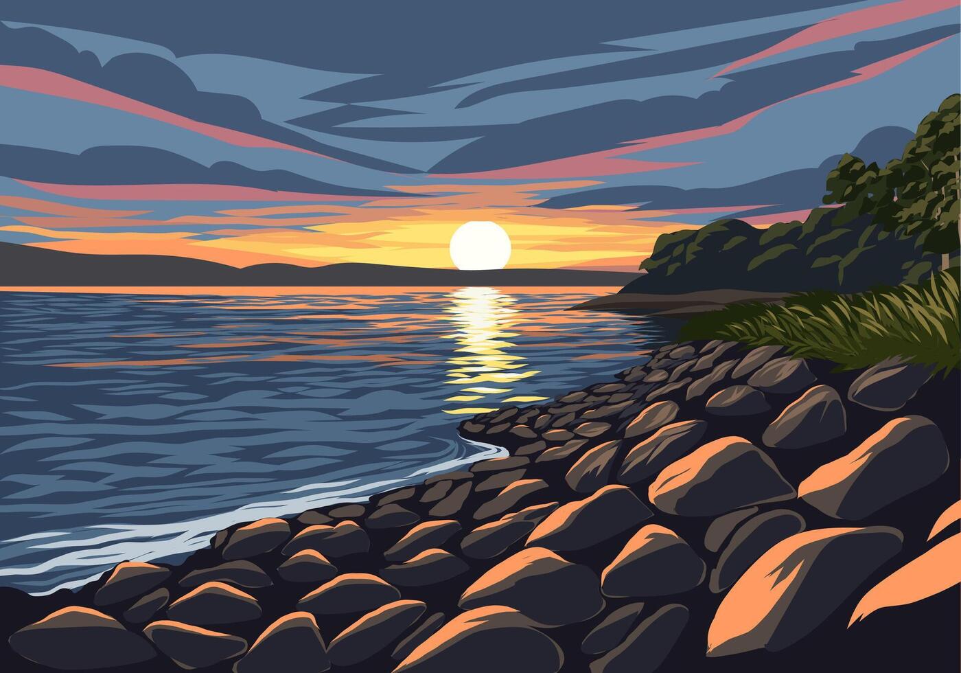 Sunset over rocky shoreline vector