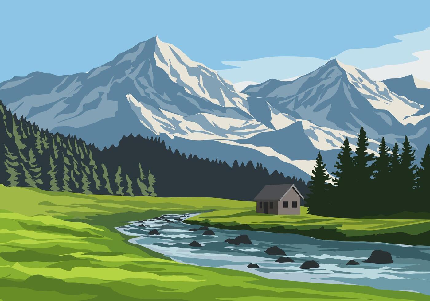 Mountain landscape with a river and cabin vector