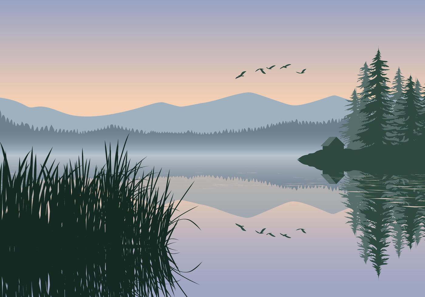 Lake landscape at dusk with mountains vector