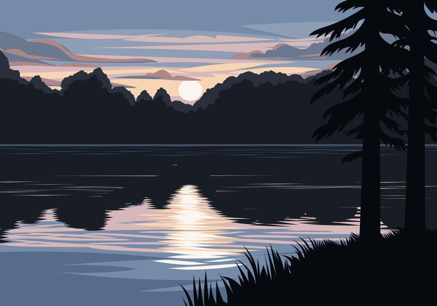 Sunset over calm lake with silhouettes vector