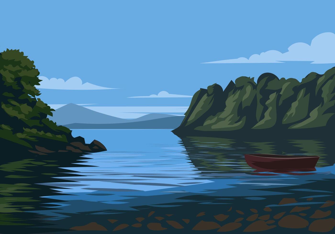 scenic lake with boat and mountains vector
