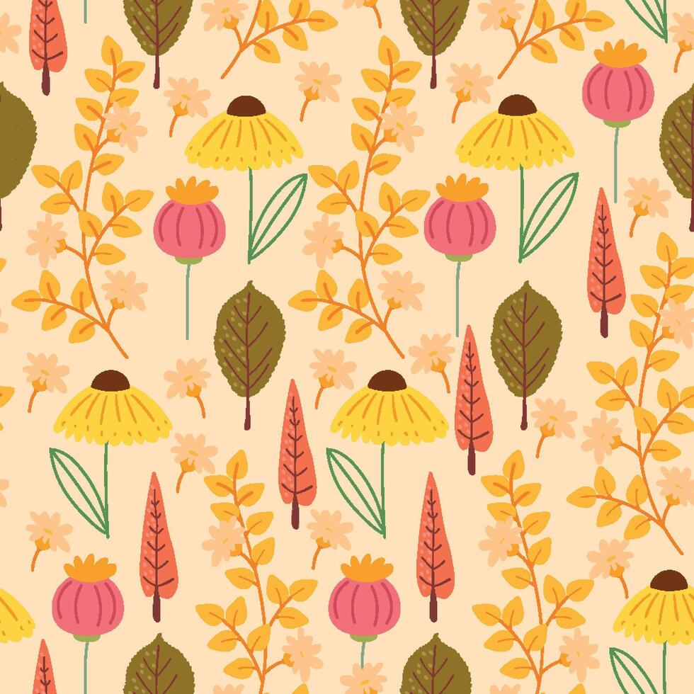 Hand Drawn Autumn Flowers and Leaves Seamless Pattern. Warm and earthy botanical design with fall vibes perfect for cards, patterns, print, web vector