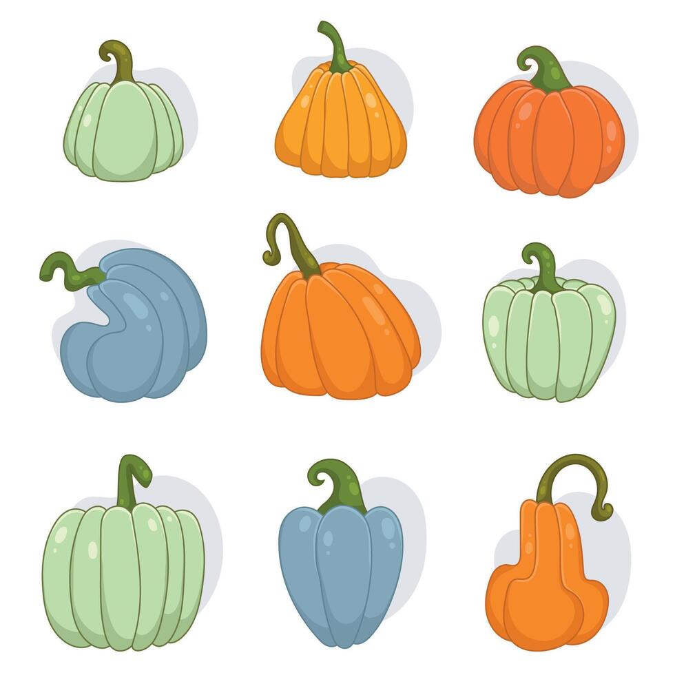 Pastel Pumpkin Set in Cartoon Hand Drawn Style. Decorative harvest vegetables isolated on cream background, perfect for farm, autumn, Thanksgiving designs invitations, cards, posters, patterns vector