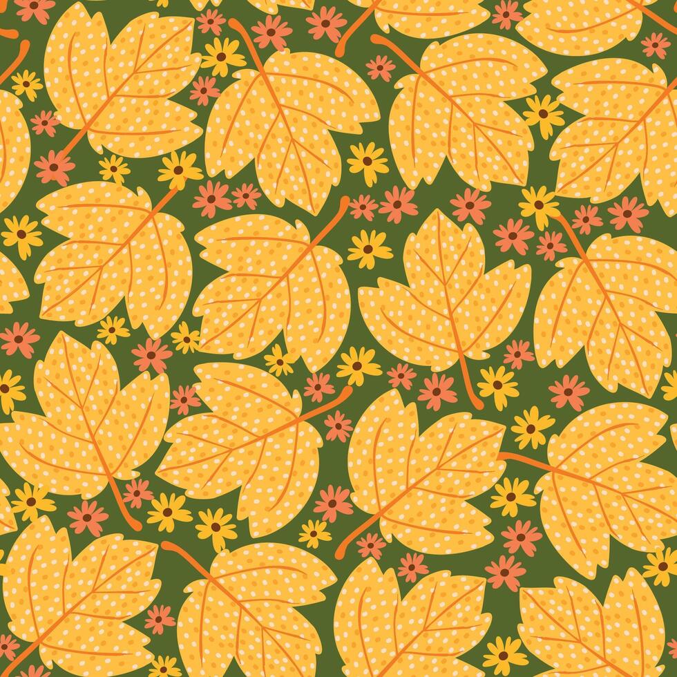 Seamless Pattern with Autumn Maple Leaves and Cute Florals. Fall foliage background perfect for cards, patterns, print, web vector