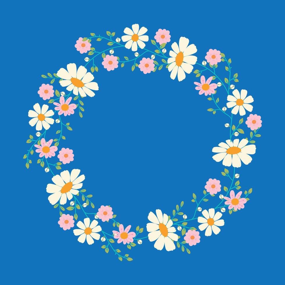 Daisy Flower Wreath on Bright Blue Background. Cheerful botanical frame with wildflowers and cute foliage perfect for invitations, web, print, t-shirt vector