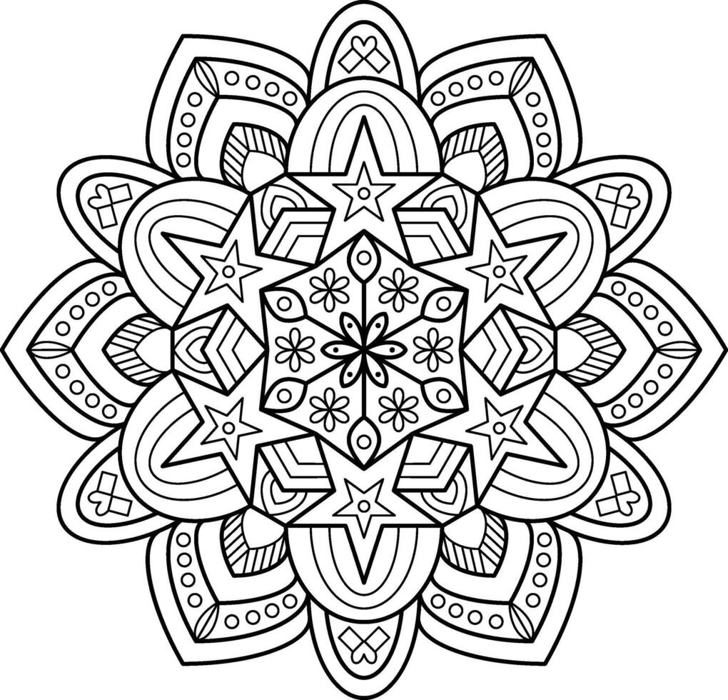 Intricate Mandala Design with Stars and Geometric Patterns for Adult Coloring, Stress Relief, Meditation, and Versatile Creative Projects vector