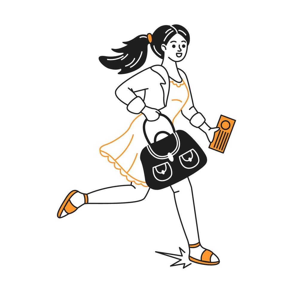 Line art of a cheerful woman running. She holds a bag and ticket, showcasing a sense of urgency and excitement. The design uses simple black and orange colors. vector